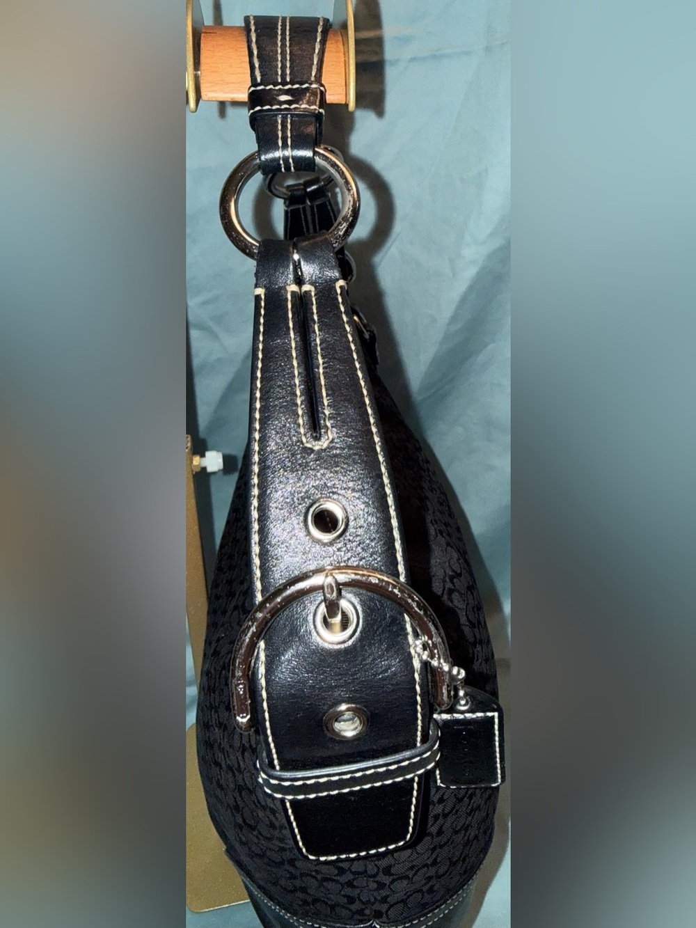 Coach Black Signature Mini C’s Jacquard Hobo with Leather Trim & White Stitching - Picture 7 of 15
